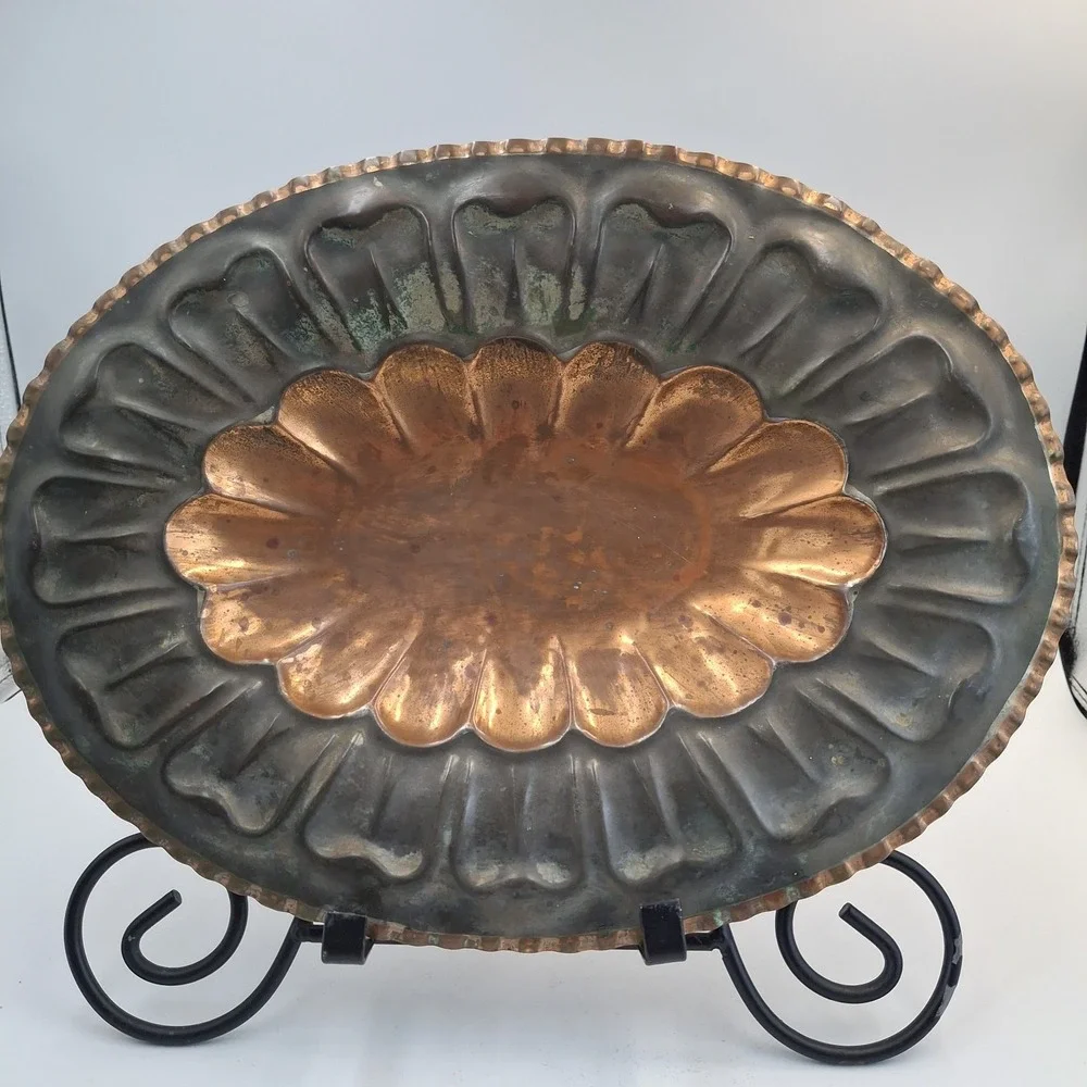 Vintage Italian Copper Footed Tray Scalloped Fluted Oval Serving Platter Italy